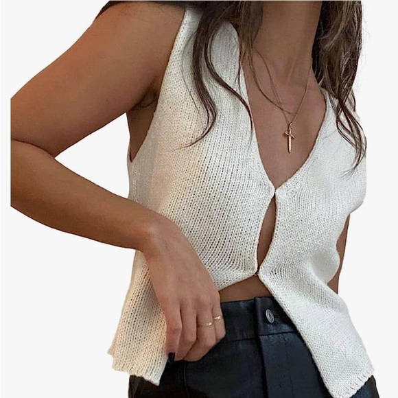 Crochet Knit Vest Sleeveless Hollow Out Crop Tops Vintage Casual V-Neck - Picture 4 of 6